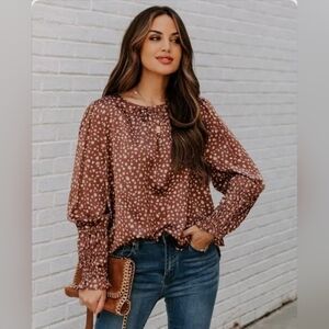 THML Long Sleeve Leopard Print Ruffle Blouse Size Small